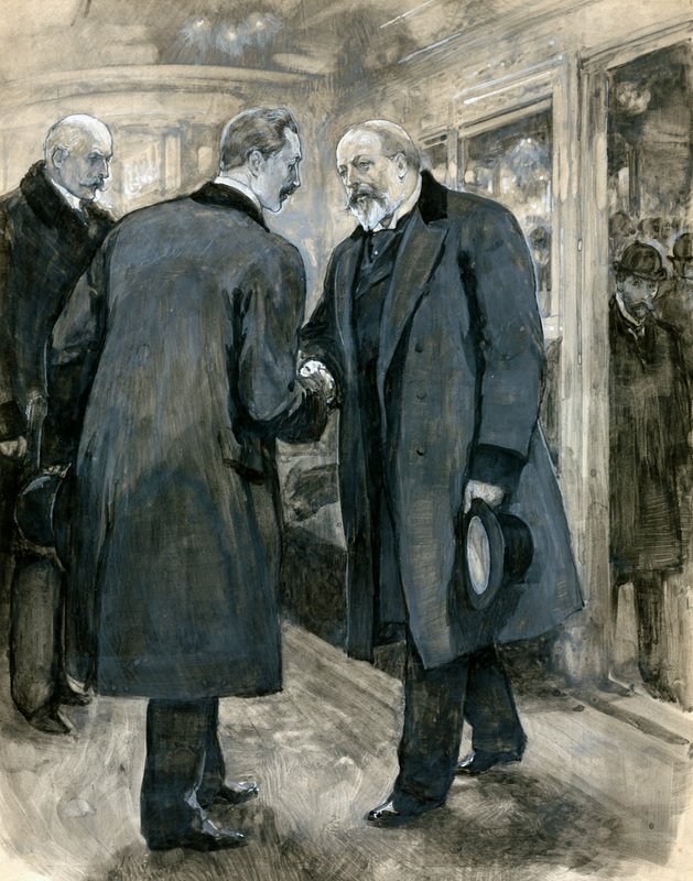 El Príncipe de Gales saludando al Emperador Alemán, Estación de Charing Cross, 20 de enero de 1901 de English School