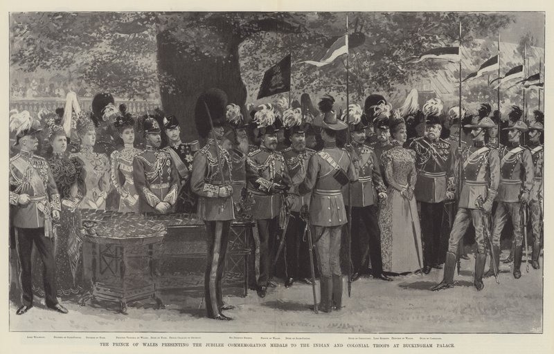 El Príncipe de Gales presentando las Medallas Conmemorativas del Jubileo a las Tropas Indias y Coloniales en el Palacio de Buckingham de English School