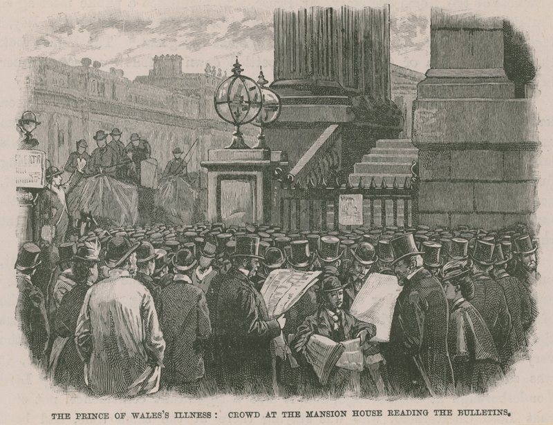 La enfermedad del Príncipe de Gales: Multitud en la Mansion House leyendo los boletines de English School