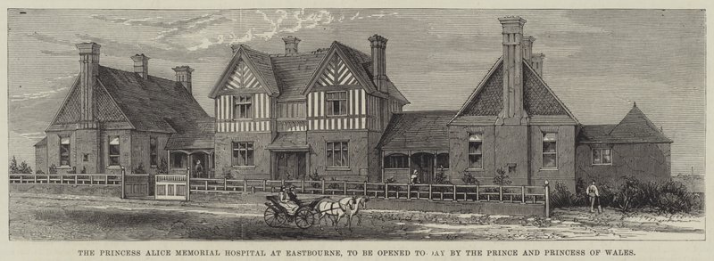 El Hospital Memorial de la Princesa Alicia en Eastbourne, que será inaugurado hoy por el Príncipe y la Princesa de Gales (grabado) de English School