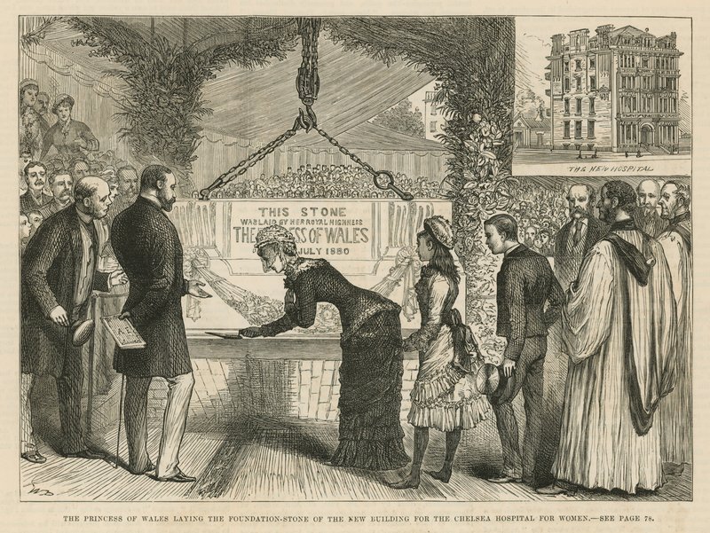 La Princesa de Gales colocando la primera piedra del nuevo edificio para el Hospital de Mujeres de Chelsea de English School