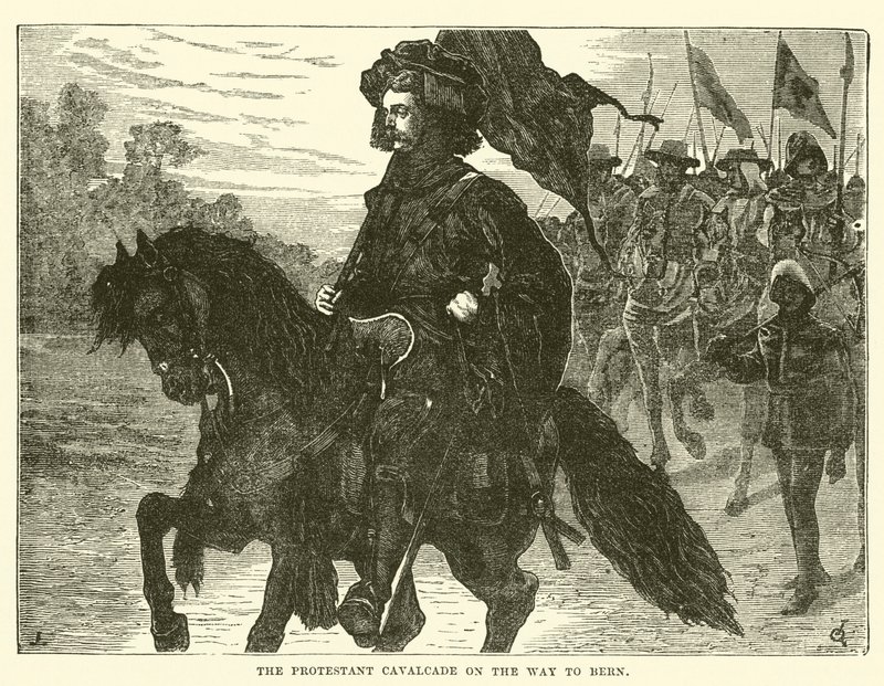 La Cabalgata Protestante en Camino a Berna (grabado) de English School