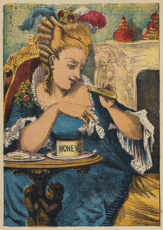 La Reina en su salón (litografía en color) de English School