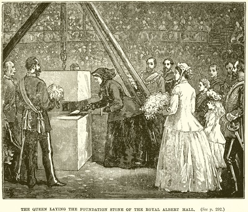 La Reina colocando la primera piedra del Royal Albert Hall de English School