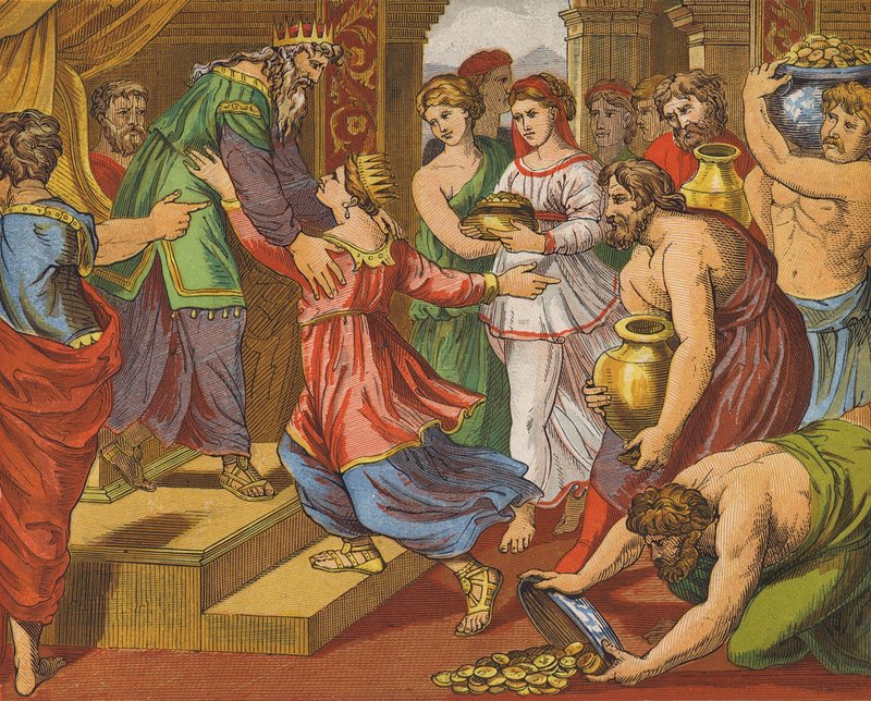 La reina de Saba trae regalos a Salomón (litografía en color) de English School