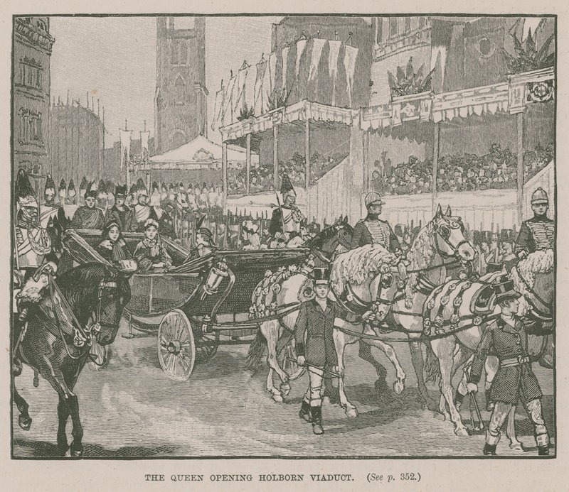 La Reina inaugurando el Viaducto de Holborn, Londres de English School