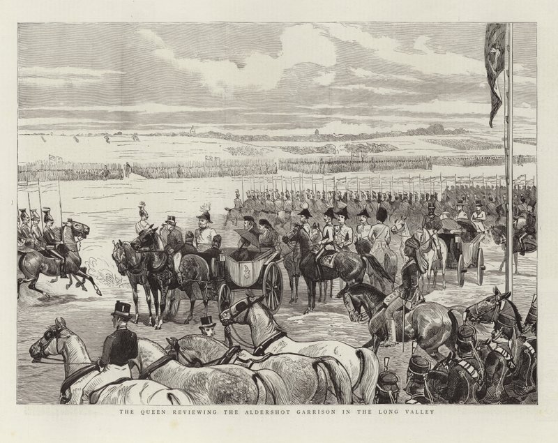 La Reina revisando la guarnición de Aldershot en el Valle Largo de English School