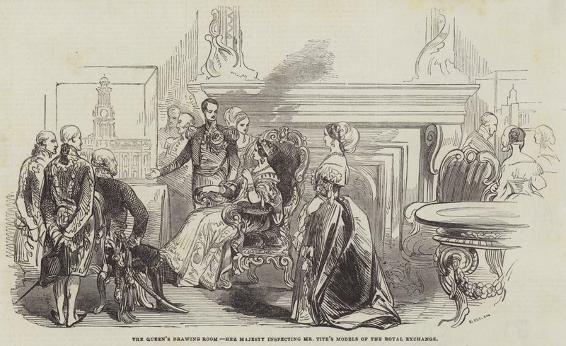El salón de dibujo de la Reina, Su Majestad inspeccionando los modelos de Mr. Tite del Royal Exchange de English School