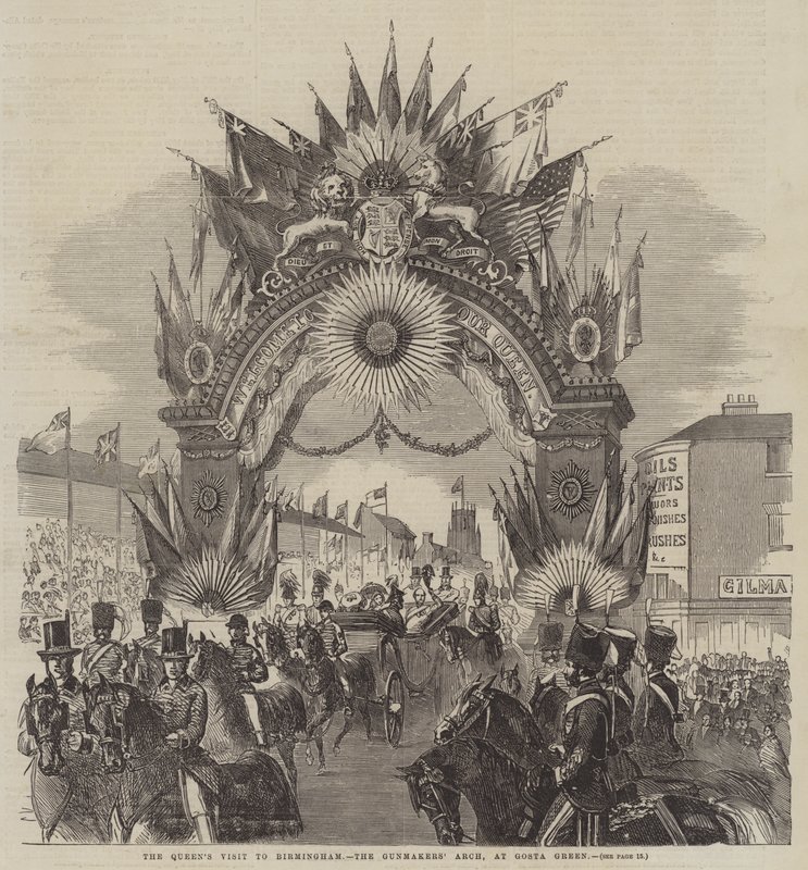 La visita de la Reina a Birmingham, el Arco de los Armeros, en Gosta Green (grabado) de English School