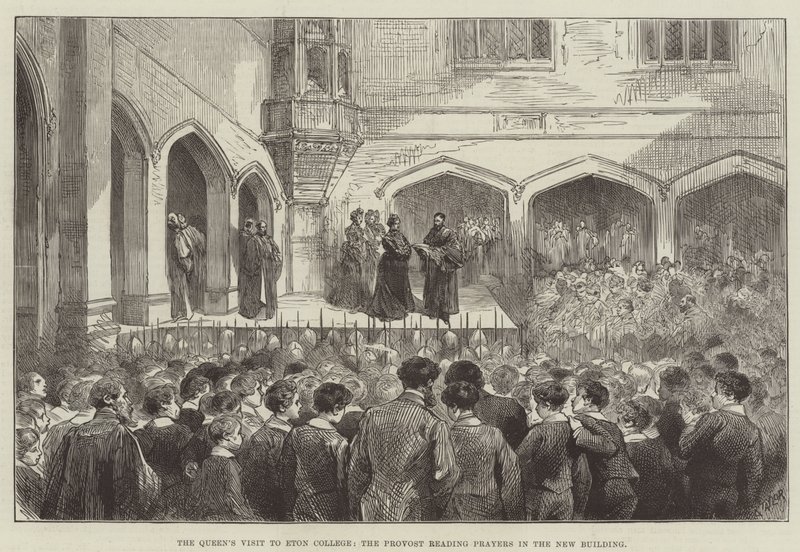 Visita de la Reina a Eton College, el Rector leyendo oraciones en el nuevo edificio de English School