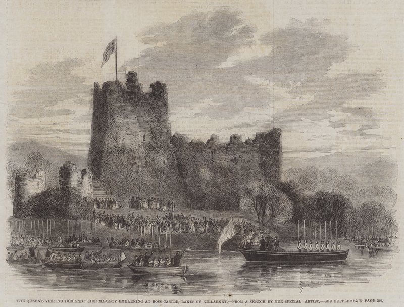 La visita de la Reina a Irlanda, Su Majestad embarcando en el Castillo de Ross, Lagos de Killarney (grabado) de English School