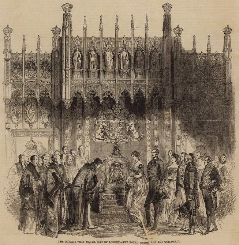 Visita de la Reina a la ciudad de Londres, el Trono Real en el Guildhall (grabado) de English School