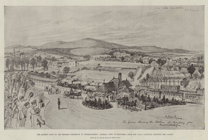 La visita de la reina a la emperatriz Frederick en Friedrichshof, vista general de Kronberg, desde la Villa Candidus, mostrando el castillo (grabado) de English School