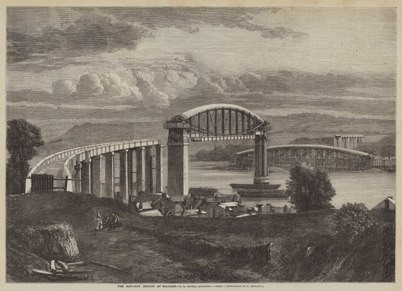 El puente ferroviario en Saltash, I K Brunel, ingeniero (grabado) de English School