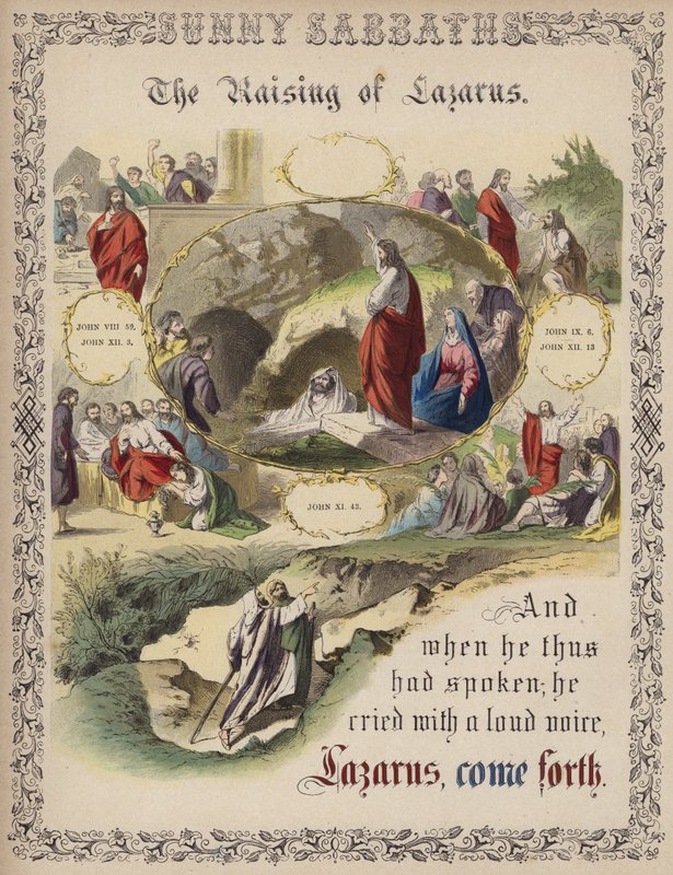 La Resurrección de Lázaro (grabado coloreado) de English School