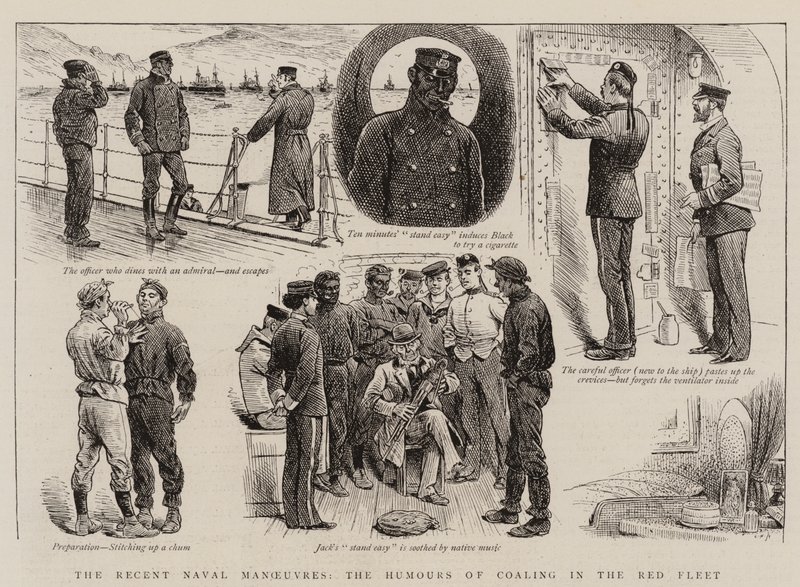 Las recientes maniobras navales, los humores del abastecimiento de carbón en la Flota Roja (grabado) de English School