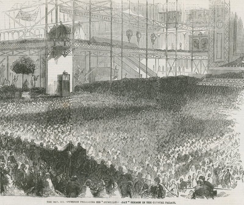 El reverendo Charles Haddon Spurgeon predicando su sermón del Día de la Humillación en el Crystal Palace de English School