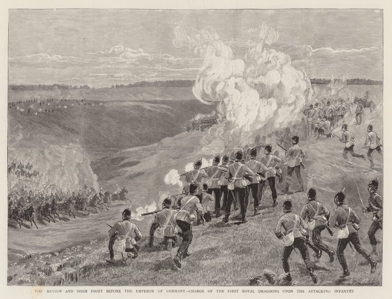 La revisión y simulacro de combate ante el Emperador de Alemania, carga de los Primeros Dragones Reales sobre la infantería atacante de English School