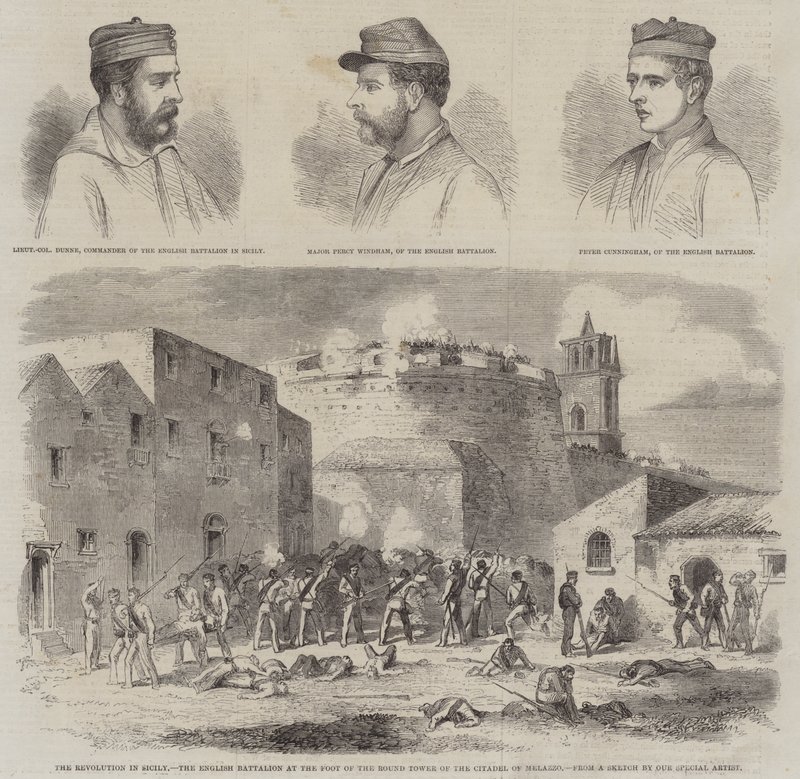 La revolución en Sicilia, el batallón inglés al pie de la Torre Redonda de la Ciudadela de Melazzo de English School