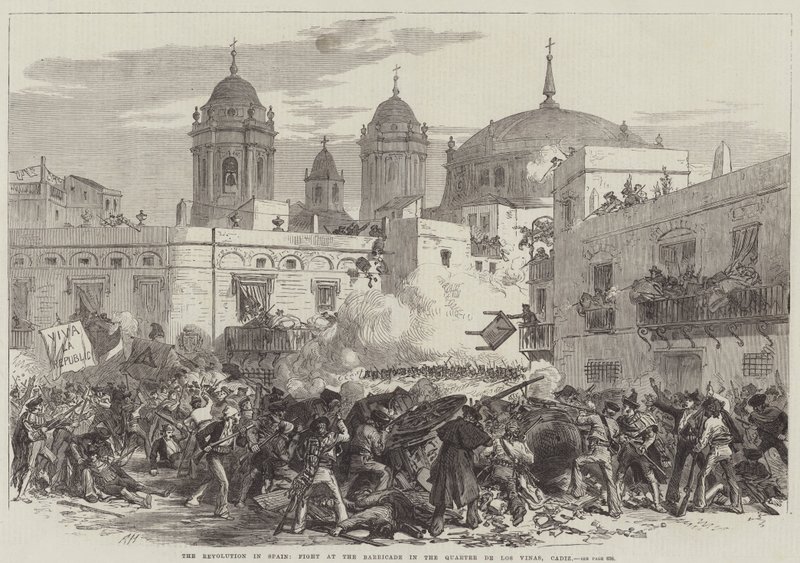 La Revolución en España, Lucha en la Barricada en el Barrio de Los Viñas, Cádiz (grabado) de English School