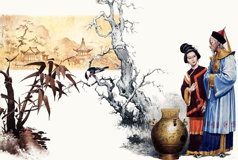 El enigma. Mago de la corte china convierte a un príncipe en un jarrón de English School
