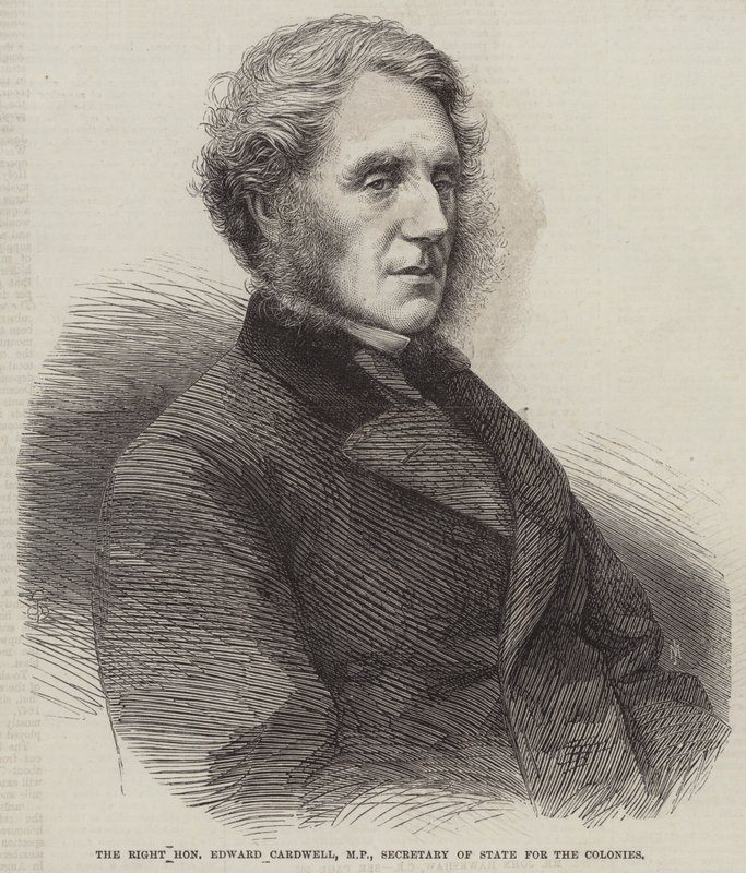 El Muy Honorable Edward Cardwell, MP, Secretario de Estado para las Colonias de English School