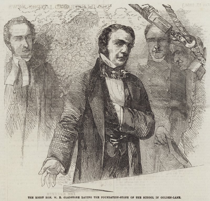 El Muy Honorable W E Gladstone colocando la primera piedra de la escuela en Golden-Lane (grabado) de English School