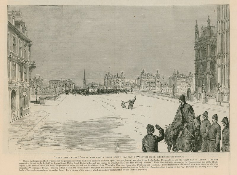 El motín en Trafalgar Square: Aquí vienen - la procesión del sur de Londres avanzando sobre el puente de Westminster de English School