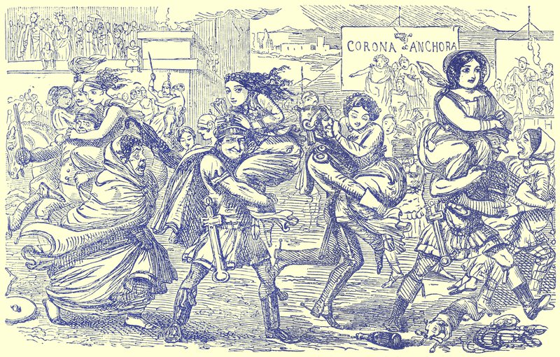 Los romanos llevándose a las mujeres sabinas, ilustración de La Historia Cómica de Roma de Gilbert Abbott a Beckett, publicada c.1850 de English School