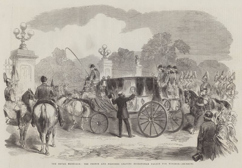 El matrimonio real, el príncipe y la princesa saliendo del Palacio de Buckingham hacia Windsor (grabado) de English School