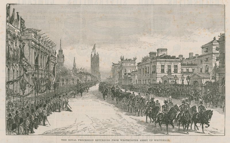 La procesión real regresando de la Abadía de Westminster por Whitehall de English School