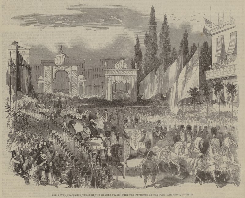 La procesión real a través de la Gran Plaza, con los pabellones en el puerto de Scharbeck, Bruselas de English School