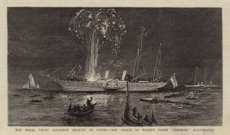 La Regata del Escuadrón Real de Yates en Cowes, el Yate "Osborne" del Príncipe de Gales iluminado (grabado) de English School