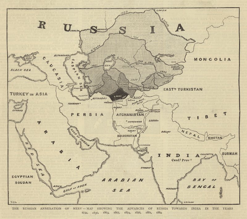 La anexión rusa de Merv, mapa que muestra los avances de Rusia hacia la India en los años 1734, 1836, 1863, 1867, 1874, 1876, 1881, 1884 de English School