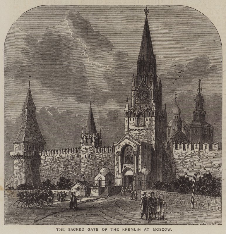 La Puerta Sagrada del Kremlin en Moscú (grabado) de English School