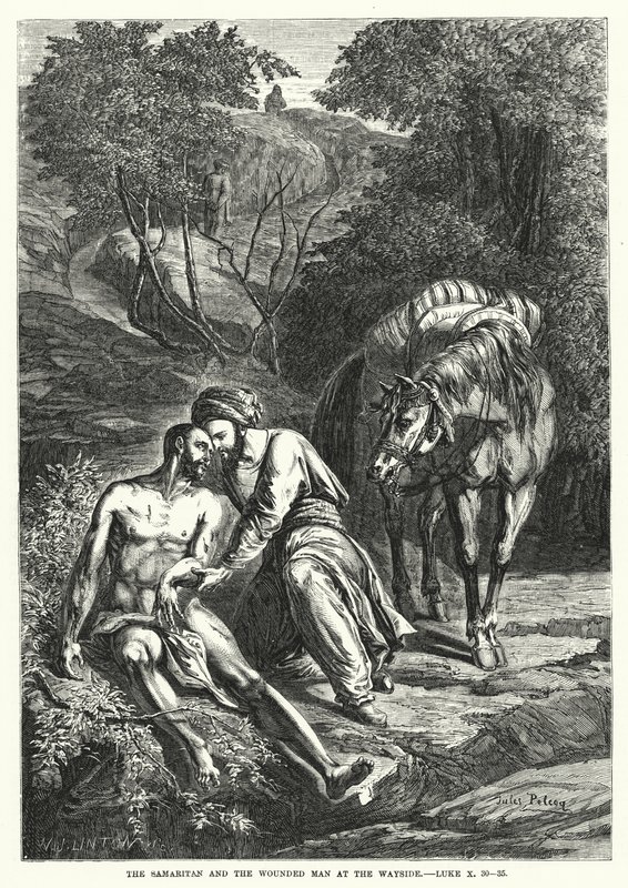 El samaritano y el hombre herido al borde del camino, Lucas X, 30-35 (grabado) de English School