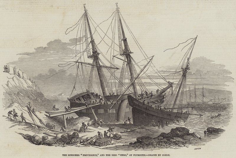 La Goleta "Providence," y el Bergantín "Hero," en Plymouth (grabado) de English School
