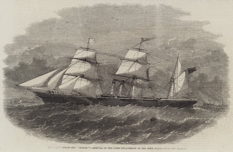 El barco de vapor de tornillo "Indian", llegada del primer destacamento del 100º Regimiento en el Mersey (grabado) de English School