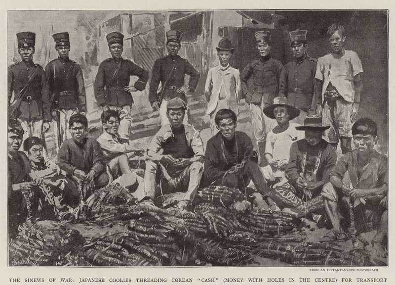 Los nervios de la guerra, coolies japoneses ensartando "Cash" coreano (dinero con agujeros en el centro) para el transporte de English School