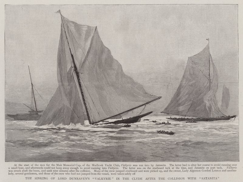 El hundimiento del "Valkyrie" de Lord Dunraven en el Clyde después de la colisión con el "Satanita" de English School