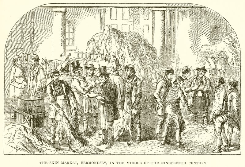 El mercado de pieles, Bermondsey, a mediados del siglo XIX de English School