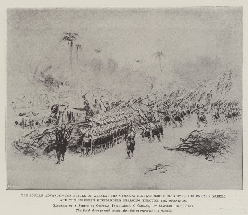 El Avance en Sudán, la Batalla de Atbara, los Cameron Highlanders disparando sobre la Zareba del enemigo, y los Seaforth Highlanders cargando a través de las aperturas de English School
