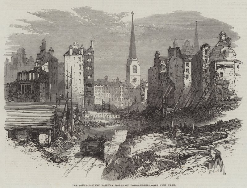 Las obras del ferrocarril del sudeste en Dowgate-Hill (grabado) de English School