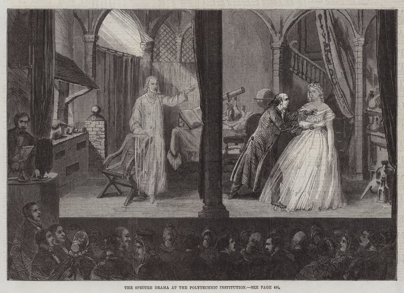 El drama espectral en la Institución Politécnica (grabado) de English School