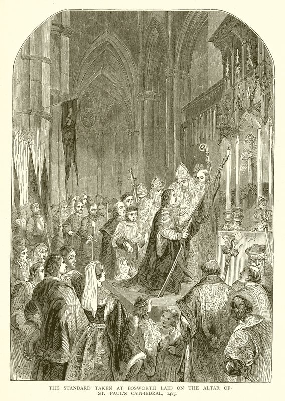 El Estandarte tomado en Bosworth colocado en el Altar de la Catedral de San Pablo, 1485 de English School