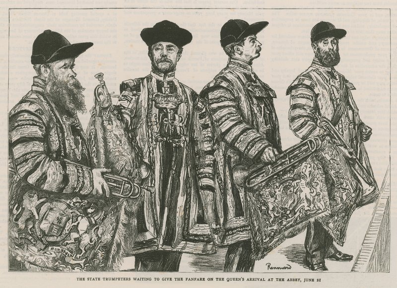 Los trompetistas del Estado esperando para dar la fanfarria a la llegada de la Reina a la Abadía de English School