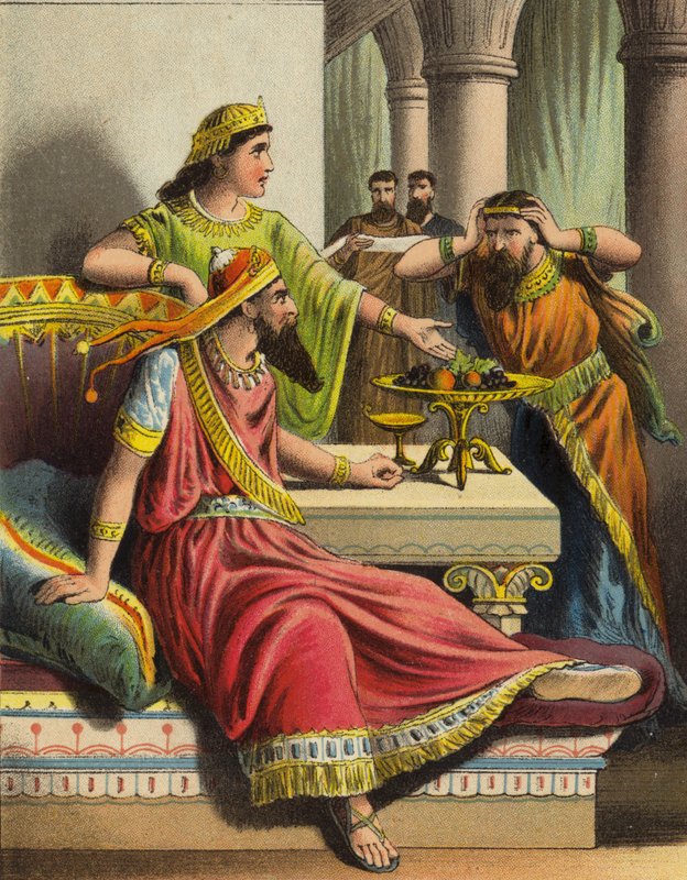 La historia de la reina Ester: Ester acusa a Amán (litografía en color) de English School