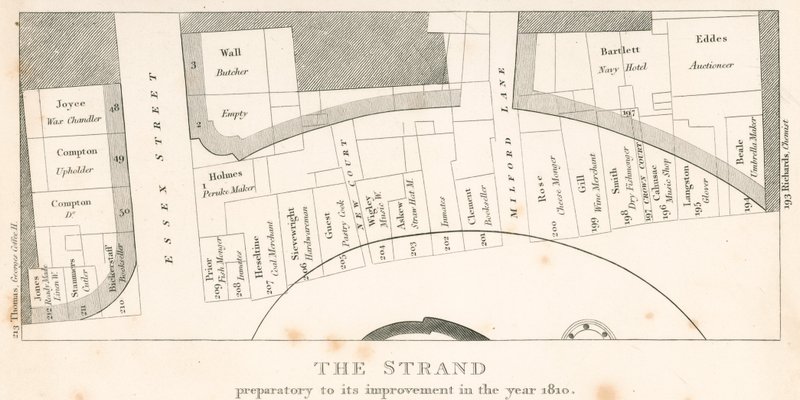 The Strand, Londres, antes de su mejora en el año 1810; plan de la zona de English School