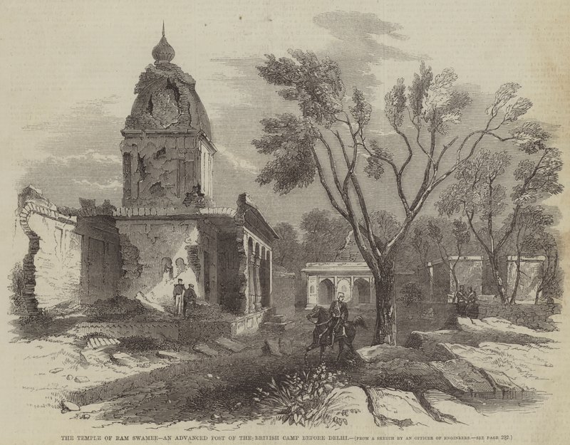 El Templo de Ram Swamee, un puesto avanzado del campamento británico antes de Delhi (grabado) de English School
