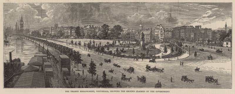 El Terraplén del Támesis, Whitehall, mostrando el terreno reclamado por el Gobierno de English School